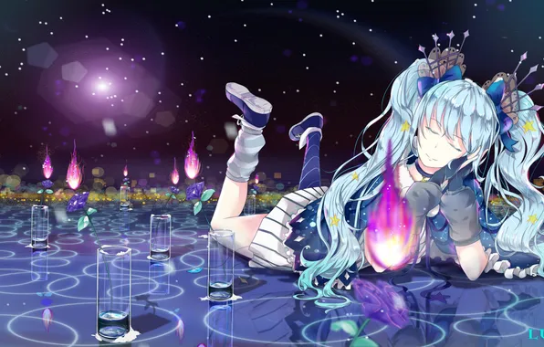 Water, girl, flowers, magic, anime, art, vocaloid, hatsune miku