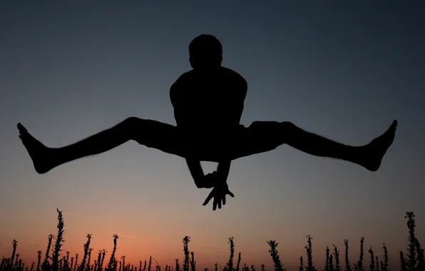 Picture JUMP, HANDS, FEET, SUNSET, GUY, SILHOUETTE