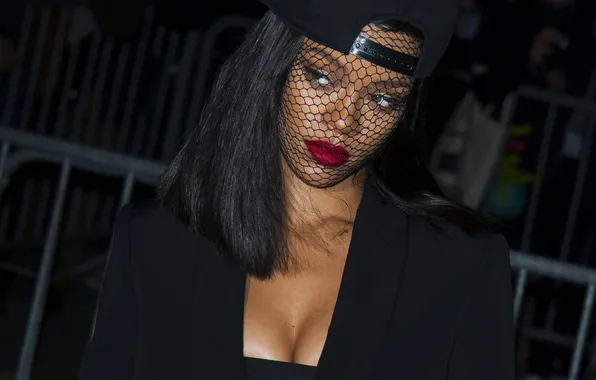 Chest, girl, face, singer, cap, rihanna