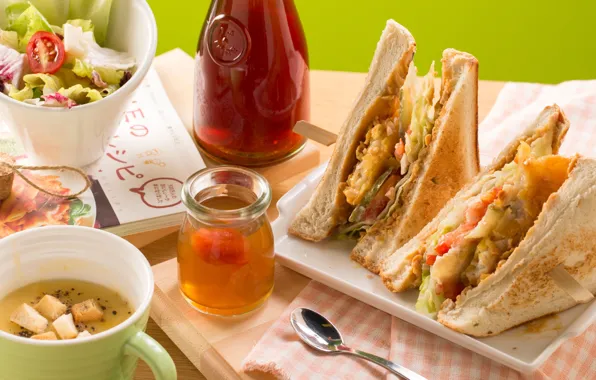 Soup, sandwich, vegetables, salad, toast