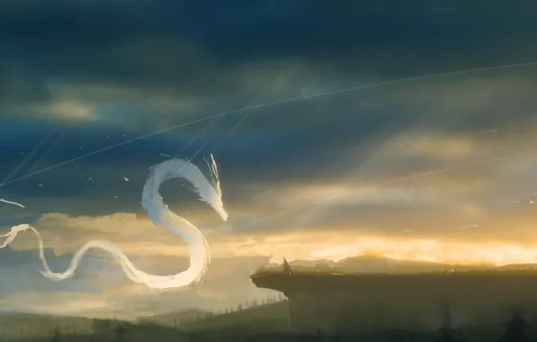 The sky, nature, dragon, people, fantasy