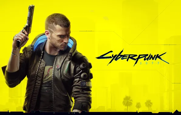 Picture yellow, style, gun, weapons, haircut, jacket, cyberpunk, character