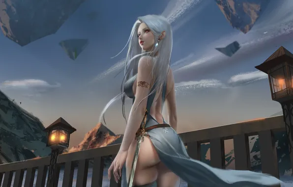 Picture girl, mountains, sword, fantasy, lights, the floating island