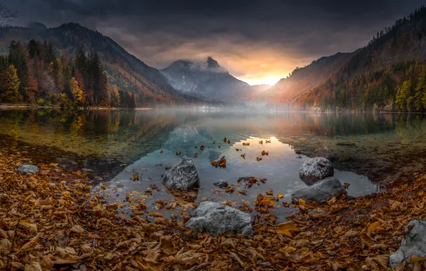 Autumn, forest, clouds, light, sunset, mountains, lake, reflection