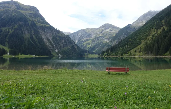 Mountains, bench, lake, meadow, Southern Germany, Allgäu, Аllgau