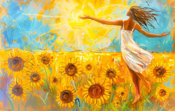 Field, summer, the sky, girl, the sun, rays, light, joy