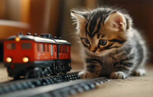 Cat, look, interest, kitty, toy, the game, train, the engine