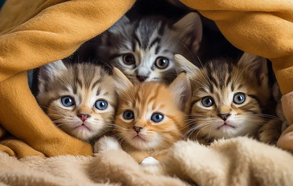 Cats, kittens, kids, company, Milota, faces, AI art, neural network