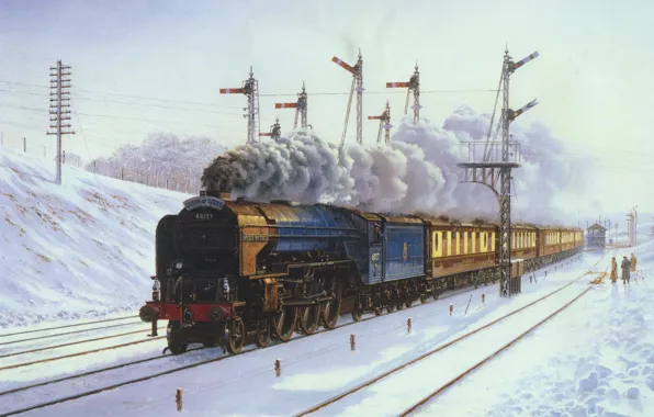 Picture winter, snow, landscape, people, train, the engine, picture, cars