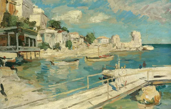 Picture sea, landscape, picture, pier, Konstantin Korovin, Black Sea Coastal Scene
