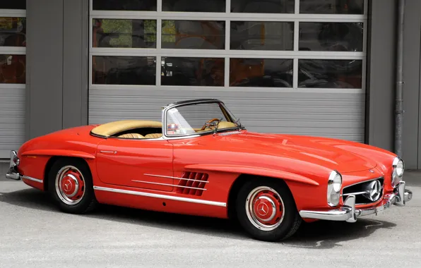 Red, retro, convertible, mercedes-benz, 300sl