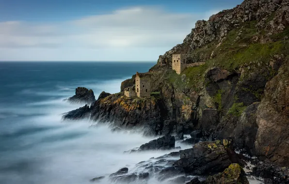 Sea, clouds, stones, castle, rocks, shore, surf, tower
