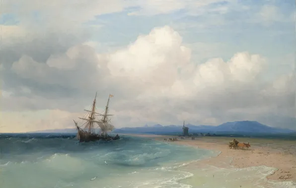 Ship, picture, mill, wagon, seascape, Ivan Aivazovsky, 1872, Swimming off the Crimean Coast