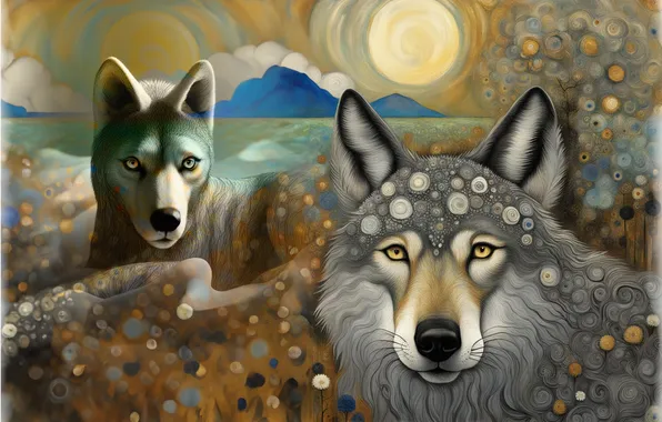 Look, face, nature, wolf, wolves, painting, abstract background, imitation painting