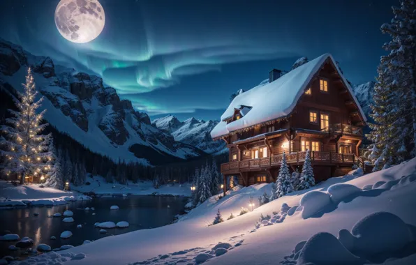 Winter, snow, mountains, night, house, the moon, Northern lights, Christmas