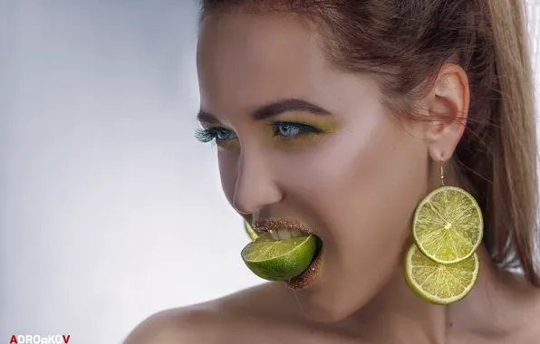 Look, face, style, background, portrait, earrings, makeup, lime