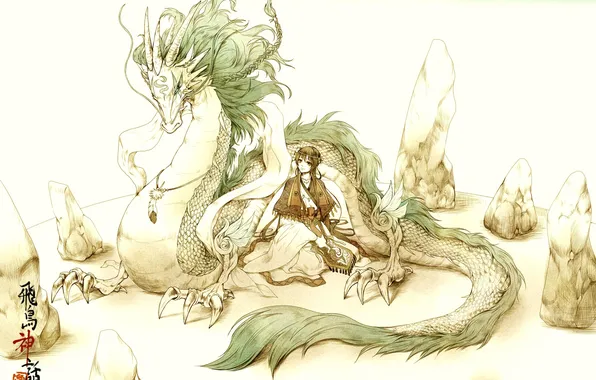 Picture pen, dragon, Girl, boulders