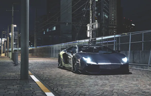 Lamborghini, night, street, aventador, Lamborghini, aventador