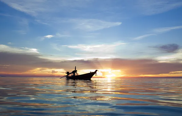 Picture sea, the sky, water, the sun, clouds, rays, light, sunset