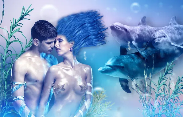 Girl, algae, bubbles, creative, fantasy, dolphins, guy, under water