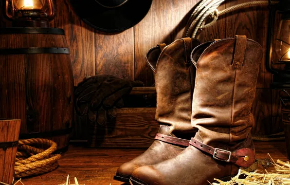 Picture hat, wood, lamp, gloves, cord, cowboy boots