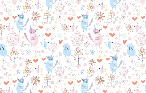 Picture background, heart, cat, texture, mouse, art, children's