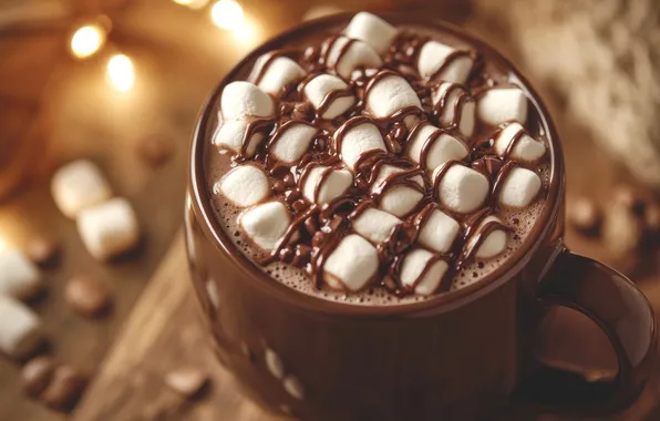Light, table, Board, coffee, Cup, garland, dessert, cocoa