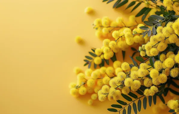 Flowers, branches, bouquet, spring, yellow, flowering, yellow background, Mimosa