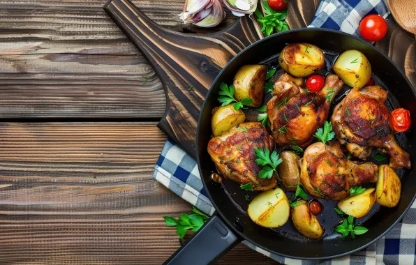 Greens, Board, towel, bow, meat, vegetables, tomatoes, pan