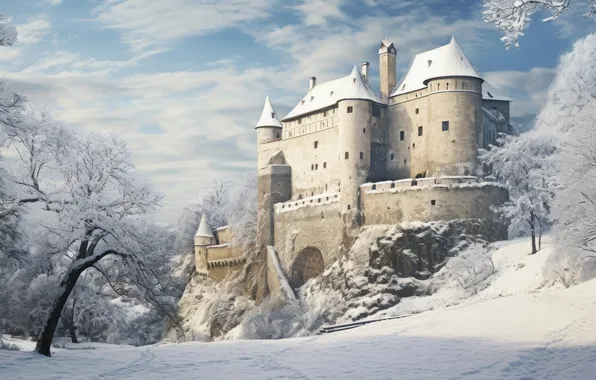 Winter, frost, the sky, clouds, snow, trees, nature, castle