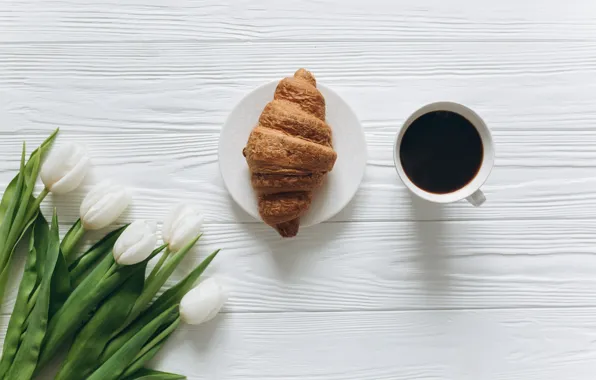 Flowers, bouquet, Coffee, tulips, croissant, wooden background