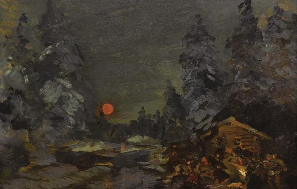 Forest, night, picture, The fire, halt, bed, Konstantin Korovin