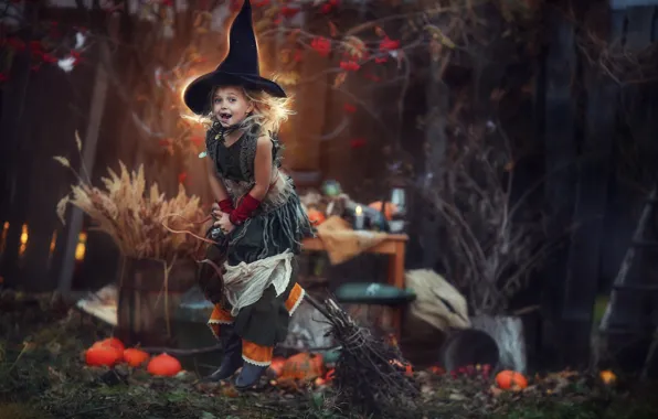Picture hat, girl, pumpkin, Halloween, witch, on the broom, Lyubov Pyatovskaya