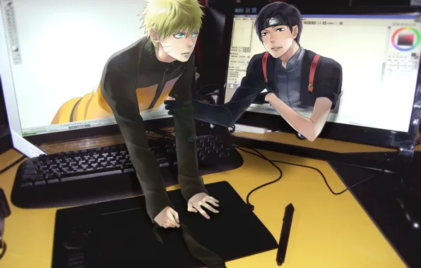 Picture computer, naruto, keyboard, tablet, workplace, the program, SAI