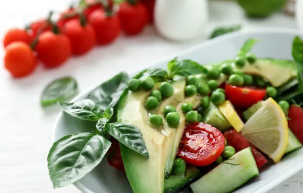 Lemon, polka dot, cucumber, tomato, salad, avocado, Basil