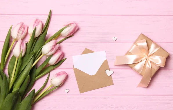 Flowers, gift, bouquet, tulips, pink, wood, pink, flowers