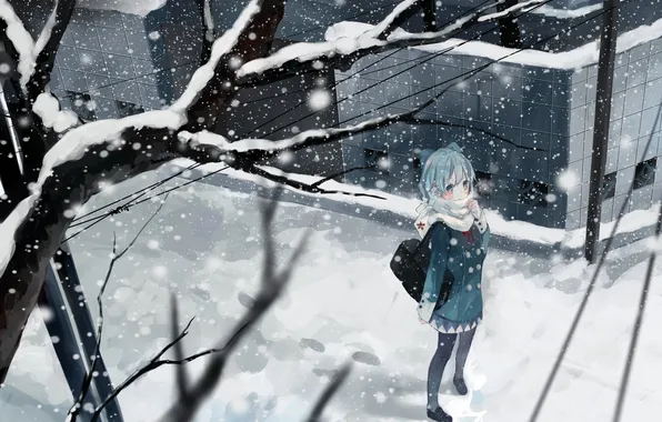 Picture winter, girl, snow, trees, branch, anime, art, schoolgirl