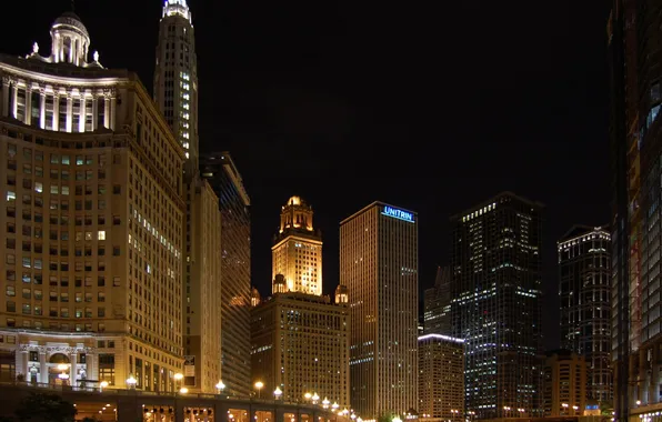 Night, the city, lights, skyscrapers, Chicago, Chicago