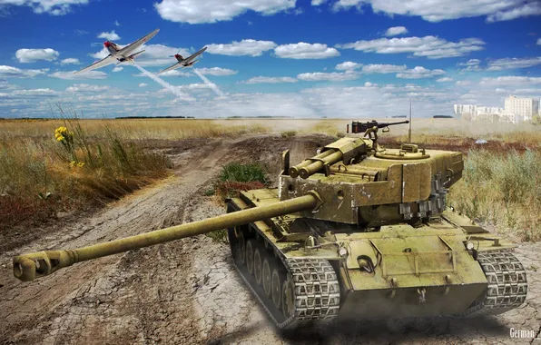 Field, the sky, art, aircraft, T26E4 SuperPershing