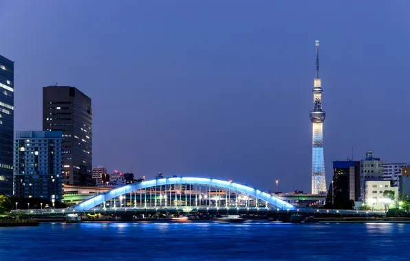 Night, bridge, lights, river, home, Japan, Tokyo