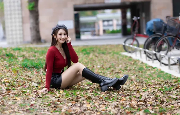 Girl, skirt, boots, blouse, legs, Asian, sitting, takes