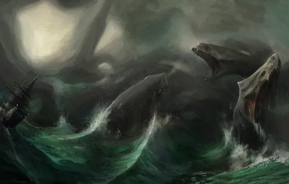 The ocean, Sea, Wave, Ship, Storm, Monster, Hydra, Francesco Lorenzetti