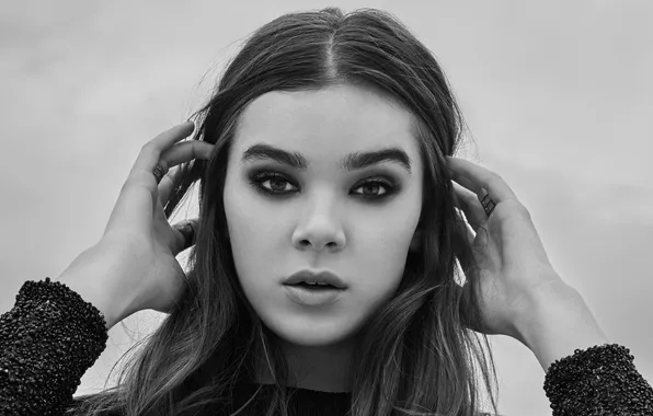 Look, background, portrait, hands, makeup, actress, hairstyle, black and white