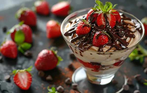 Berries, glass, strawberry, ice cream, mint, cream, dessert, chocolate