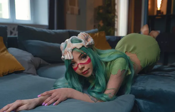 Model, women, face, bottom up, red lipstick, dyed hair, lying on front, women indoors