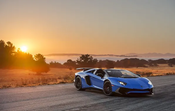 The sun, sunset, sunrise, Roadster, Lamborghini, Aventador, LP-750
