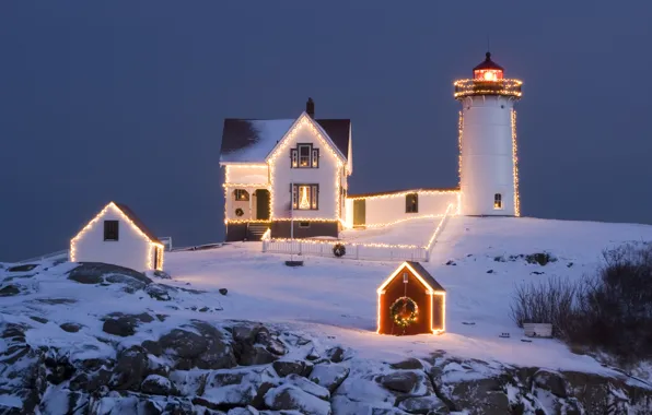 The sky, lighthouse, new year, the evening, Christmas