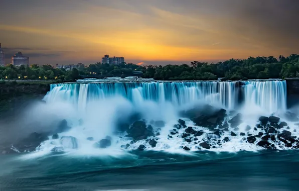 Sunset, river, waterfall, Canada, Ontario, Niagara falls, Canada, Ontario