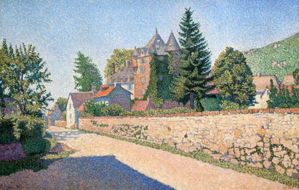 Road, landscape, the fence, home, picture, Paul Signac, pointillism, Castle Combat