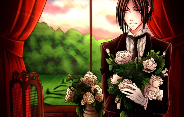 Sunset, roses, window, sebastian, Kuroshitsuji, Sebastian Michaelis, Dark Butler, by namisiaa